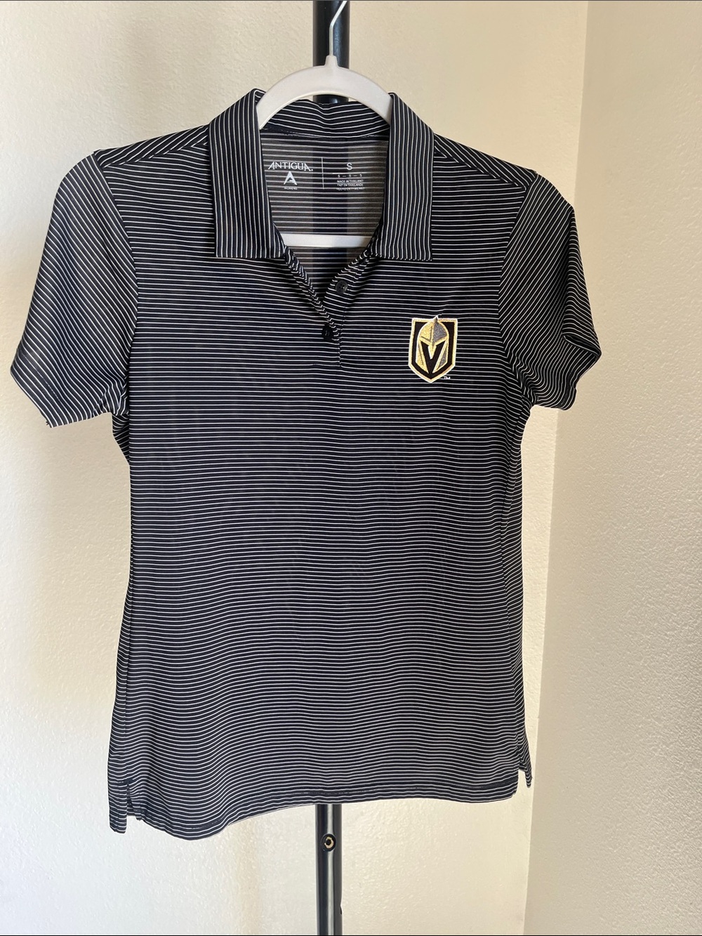 Las Vegas Golden Knights Antigua Black and White Striped Polo